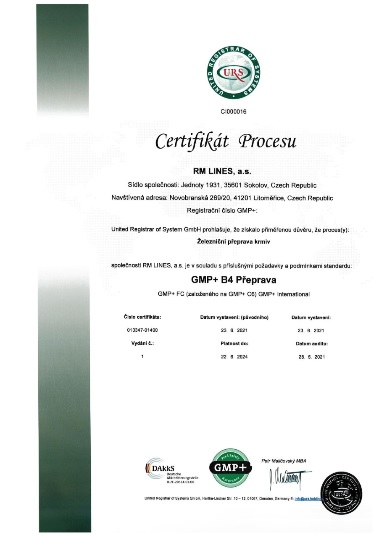 GMP+ certificate for RM LINES a.s. 